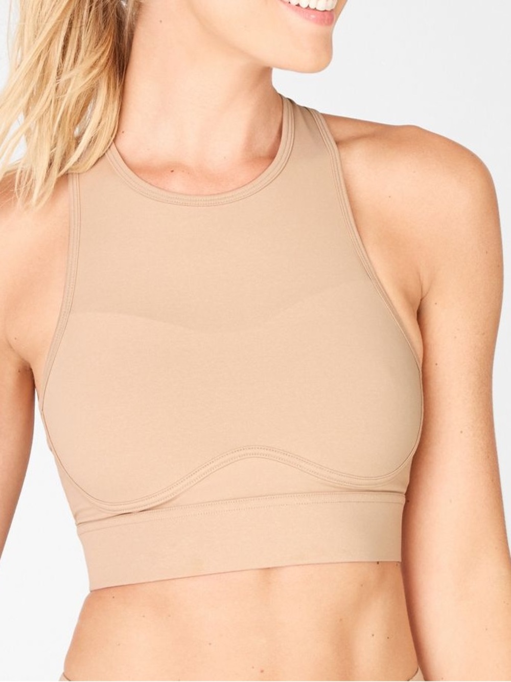 Fabletics High Neck Crop Sports Bralette in Beige